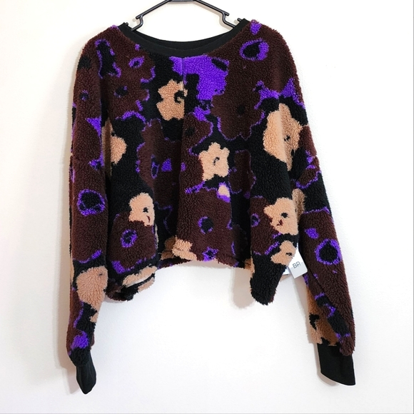 bp Tops - Plus Size BP High Pile Fleece Sweatshirt in Black-Brown-Purple Pressed Floral